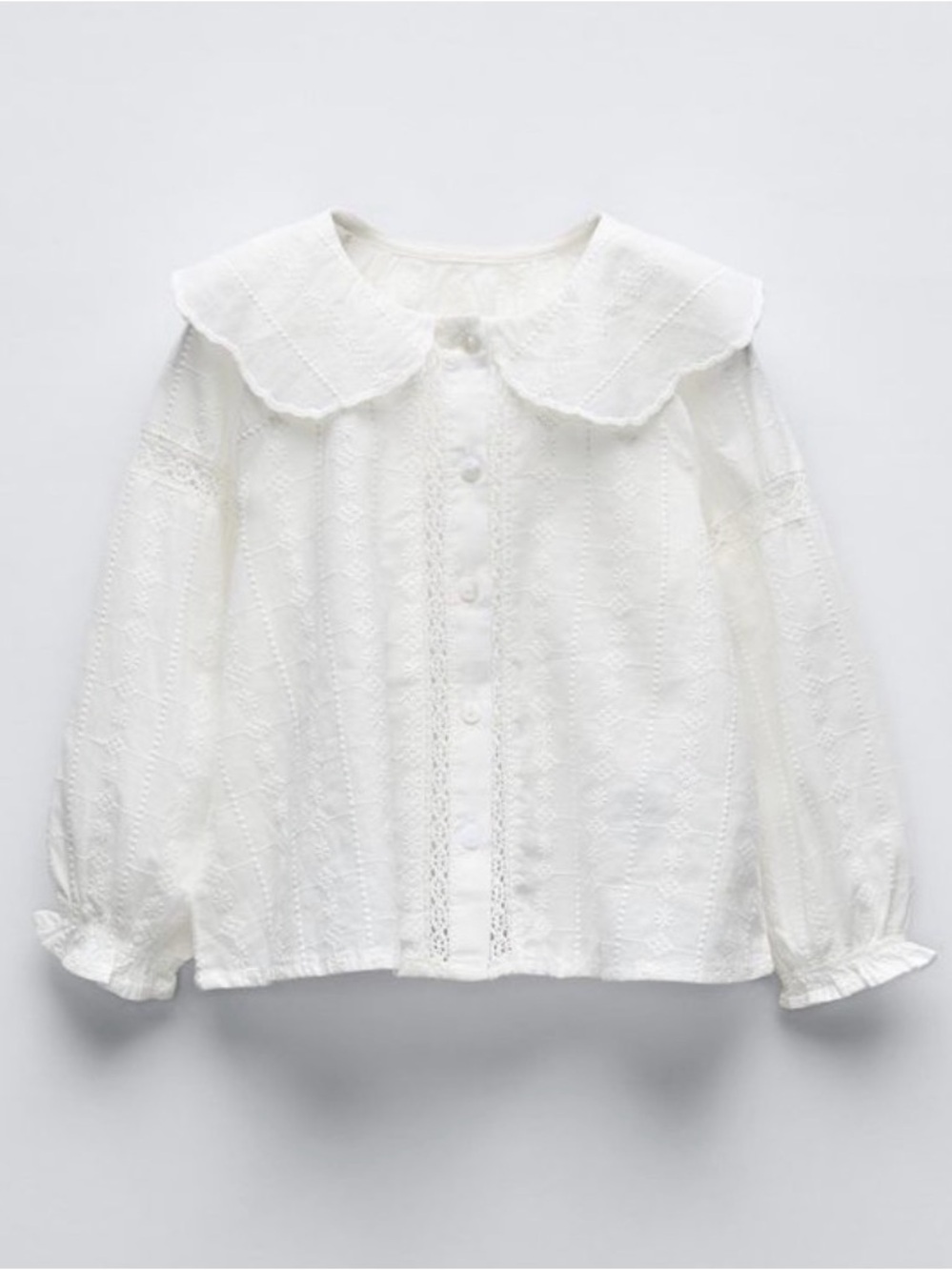 Zara White Eyelet Blouse with Scalloped Peter Pan Collar